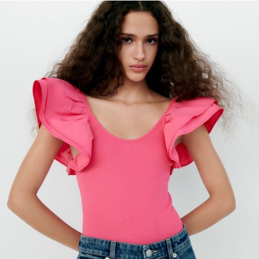 Zara Women’s Hot Pink Ribbed knit Poplin Ruffle Bodysuit Size Small - Picture 2 of 9